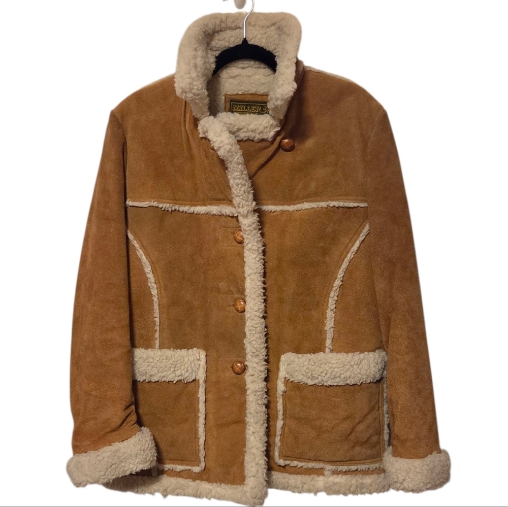Vintage Miller Stockman Cowhide Leather Suede‎ Sherpa Ranch Western Rodeo Coat